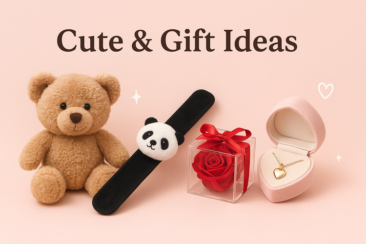 Cute and unique gift ideas collection with plush toys, flower jewelry, and romantic gift boxes from ProperFinds