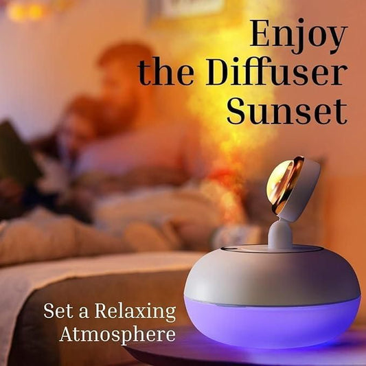 2-in-1 Sunset Lamp Air Humidifier with USB charging, 360° rotation, quiet aroma diffuser, and multicolor lighting