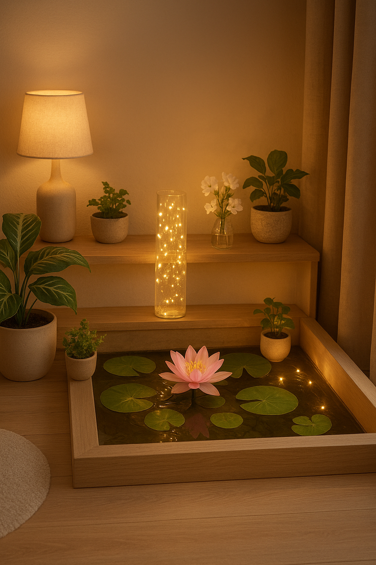 Aesthetic cozy indoor pond with lotus flower and soft ambient lighting for home decor