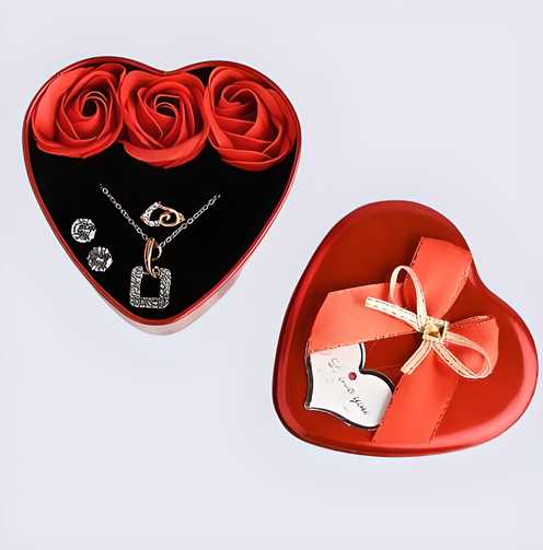 Floweraura sparkling love adornment gift box with jewelry and artificial flower in a red heart box for girlfriend or girls