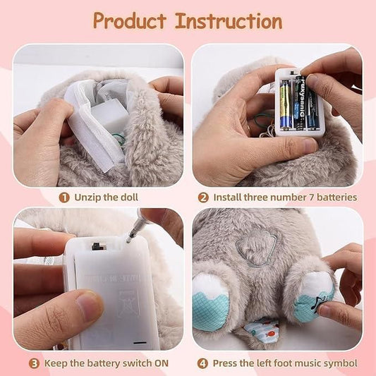 Breathing Teddy Bear with soothing music in soft grey plush fabric, perfect comfort toy for kids and adults
