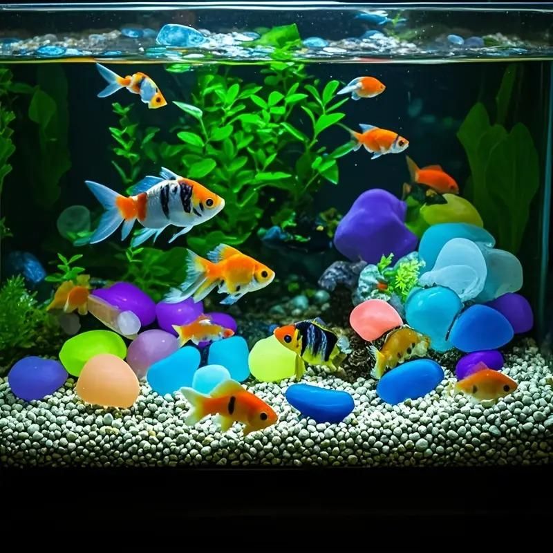Multi-color glow stones fluorescent rocks placed in a fish tank for decorative lighting