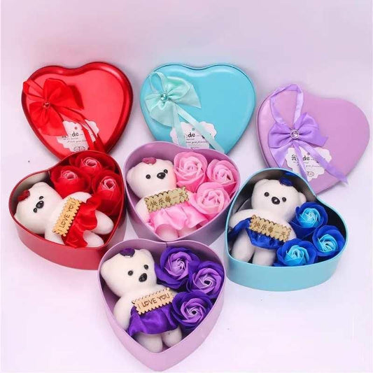 Bear rose gift box with cute teddy and decorative rose packed in an elegant box for romantic gifting