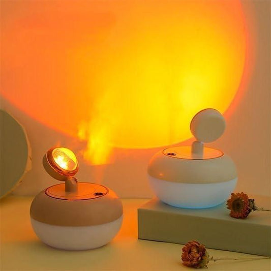 2-in-1 Sunset Lamp Air Humidifier with USB charging, 360° rotation, quiet aroma diffuser, and multicolor lighting
